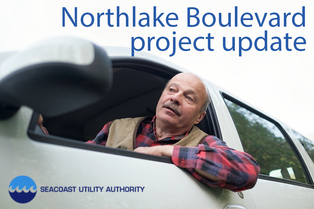 Man in car, looking out window. Text says SUA Northlake Boulevard project