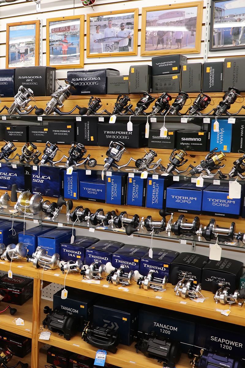Fishing reels on store shelves